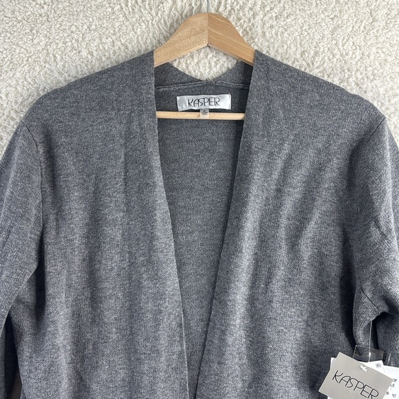 NWT Kasper Womens Gray Faux Fur Trim Cuff Open-Front Cardigan Sweater M MEDIUM - Picture 4 of 14